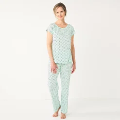 Women's Croft & Barrow® Short Sleeve Pajama Top & Pajama Pants Cotton Sleep Set
